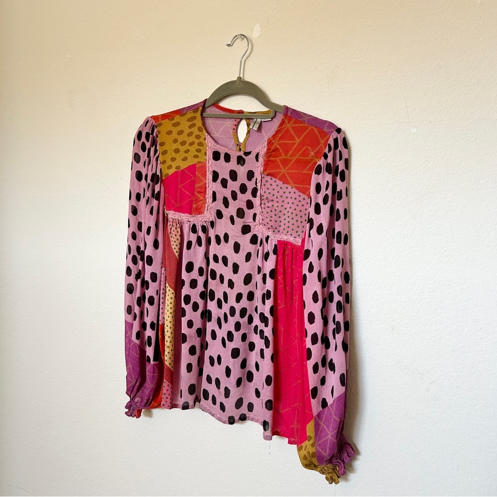 Anthropologie Blank London Miranda Peasant Blouse Abstract Print Patchwork Small